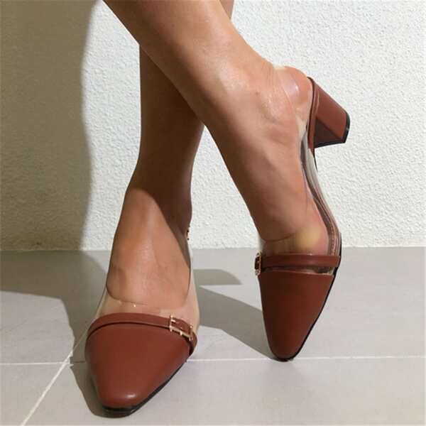 

Buckle Decor Clear Slingback Pumps, Brown
