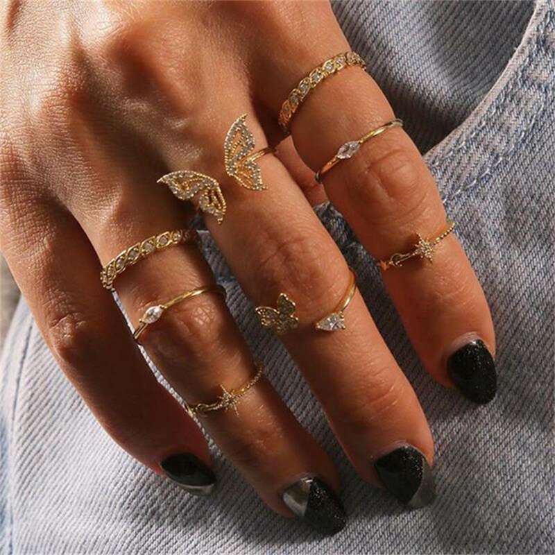 

8pcs Rhinestone Butterfly Ring, Gold