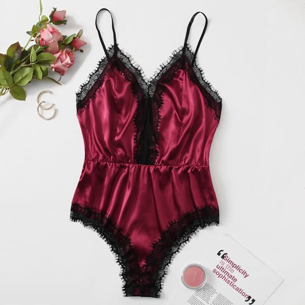 

Plus Satin Contrast Lace Cami Sleep Bodysuit, Burgundy