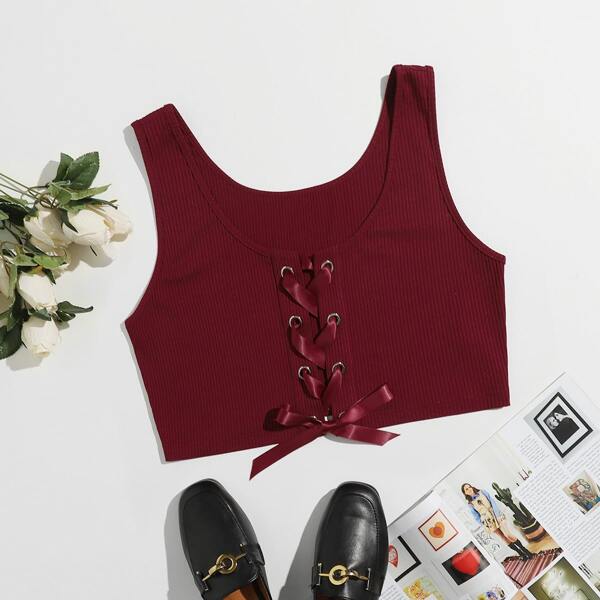 

Plus Garment Eyelets Lace Up Tank Top, Burgundy