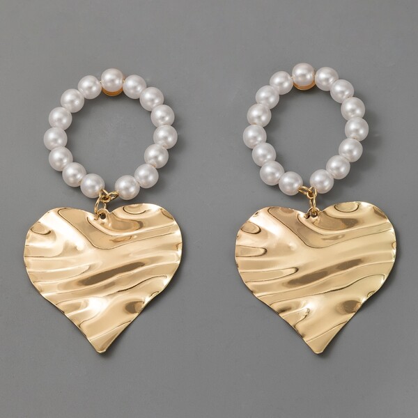

Faux Pearl Decor Heart Drop Earrings, Gold