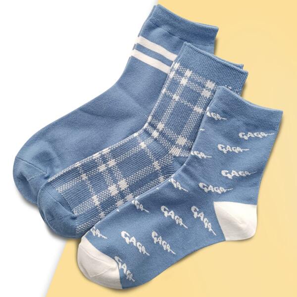 

3pairs Plaid Crew Socks, Blue
