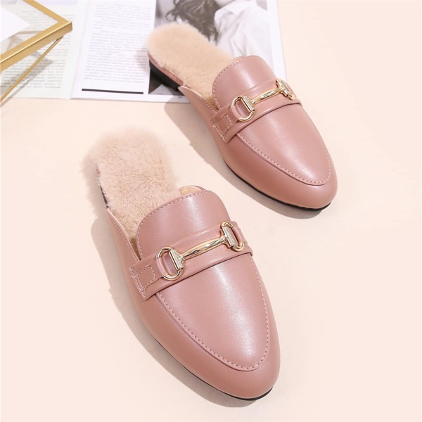 

Metal Decor Faux Fur Lined Flat Mules, Pink