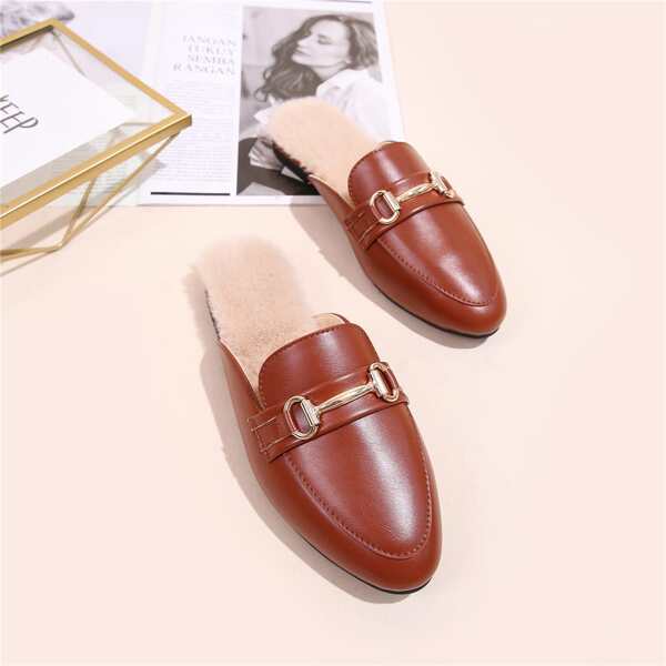 

Metal Decor Faux Fur Lined Flat Mules, Brown