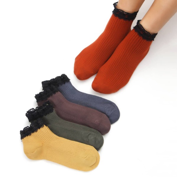 

5pairs Lace Trim Ankle Socks, Multicolor