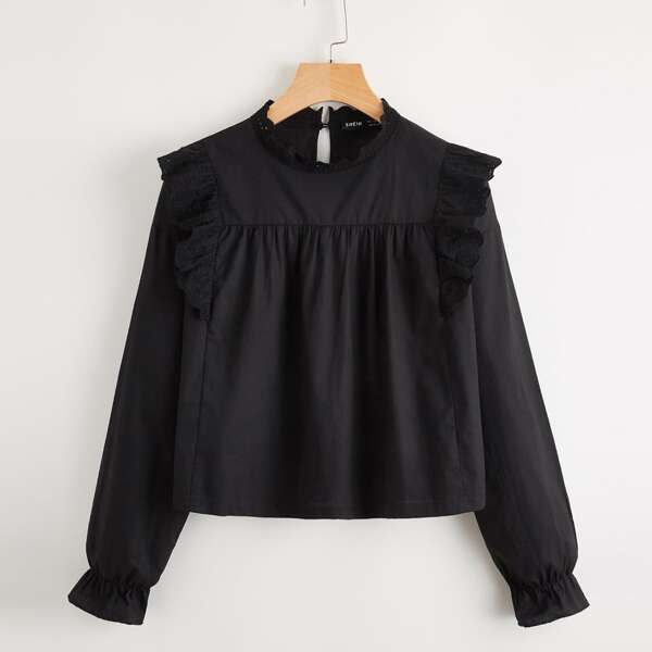 

Mock Neck Keyhole Back Ruffle Trim Blouse, Black
