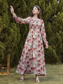 Modelyn Square Neck Floral Print Shirred Dress - Multicolor - View 3