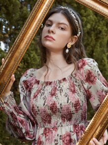 Modelyn Square Neck Floral Print Shirred Dress - Multicolor - View 4