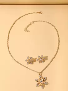 水钻花朵吊坠项链和耳环 情人节、妈妈、母亲、母亲节、礼物 - 金黃色 - 查看 2