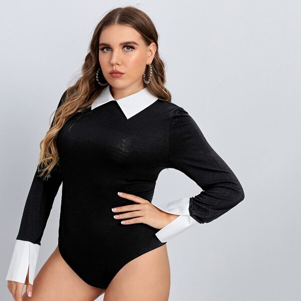 

Plus Contrast Collar Keyhole Back Bodysuit, Black