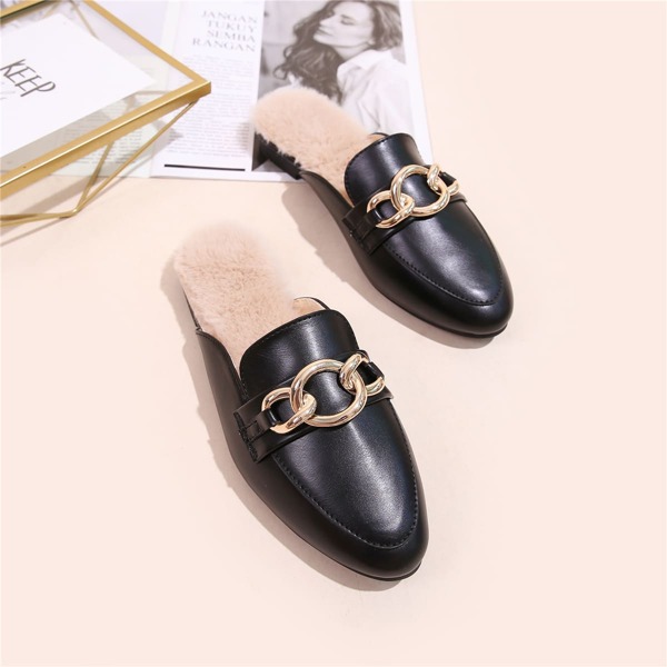 

Chain Decor Faux Fur Lined Flat Mules, Black