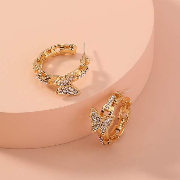 

Rhinestone Butterfly Decor Cuff Hoop Earrings, Gold
