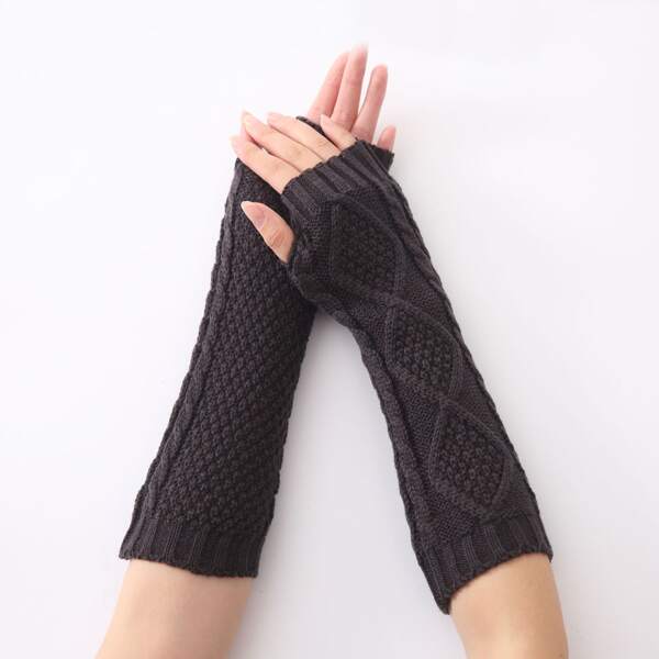 

Plain Knit Long Fingerless Gloves, Dark grey