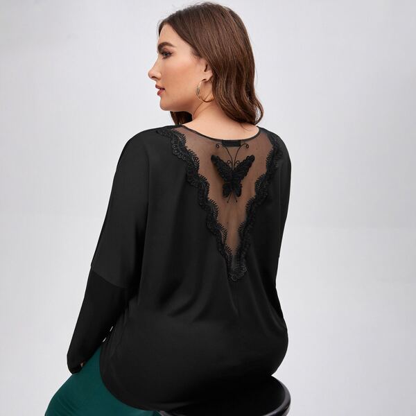 

Plus Contrast Mesh Guipure Lace Panel Butterfly Pattern Tee, Black