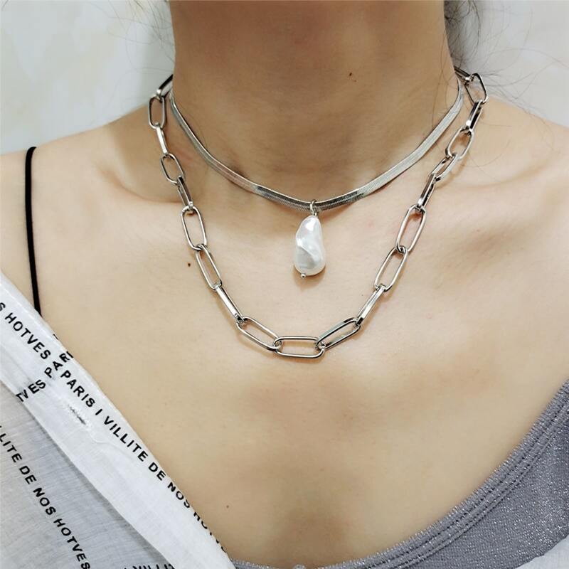 

2pcs Faux Pearl Charm Chain Necklace, Silver