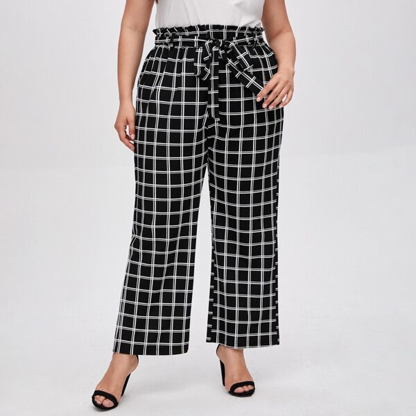 

Plus Plaid Belted Paper Bag Waist Pants, Black