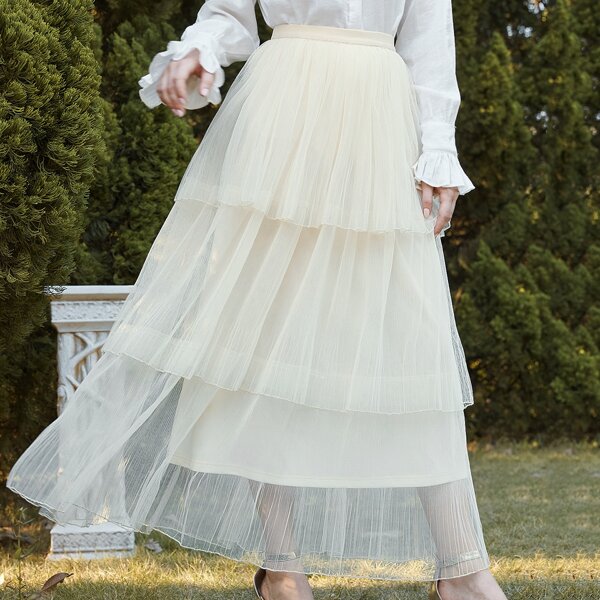 

Layered Ruffle Hem Mesh Skirt, Apricot