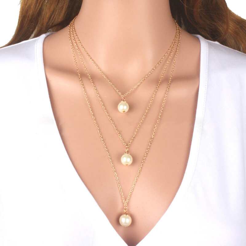 

Faux Pearl Charm Layered Necklace, Gold