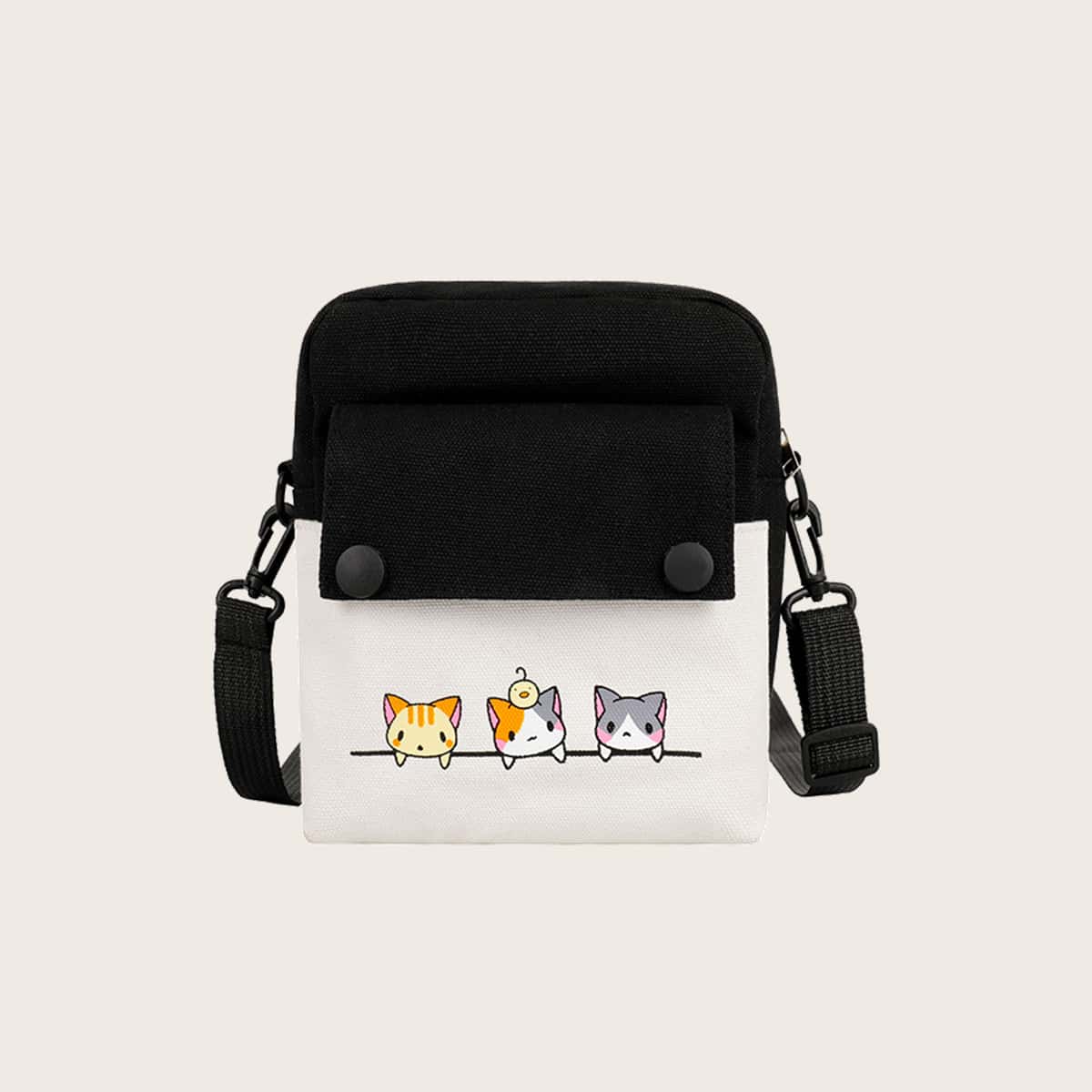 

Colorblock Cartoon Cat Crossbody Bag, Black and white