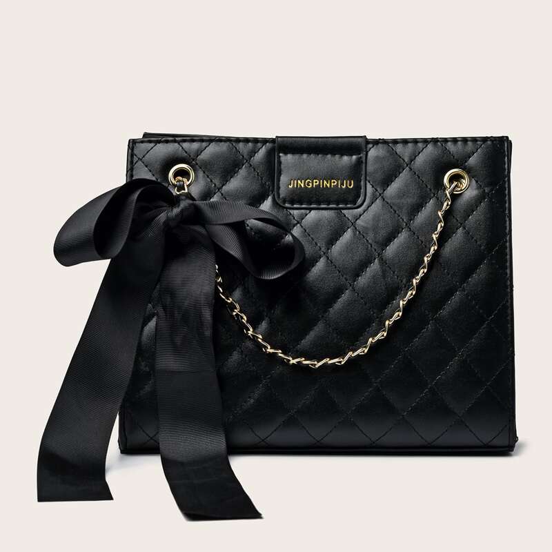 

Ribbon Decor Quilted Chain Bag, Black