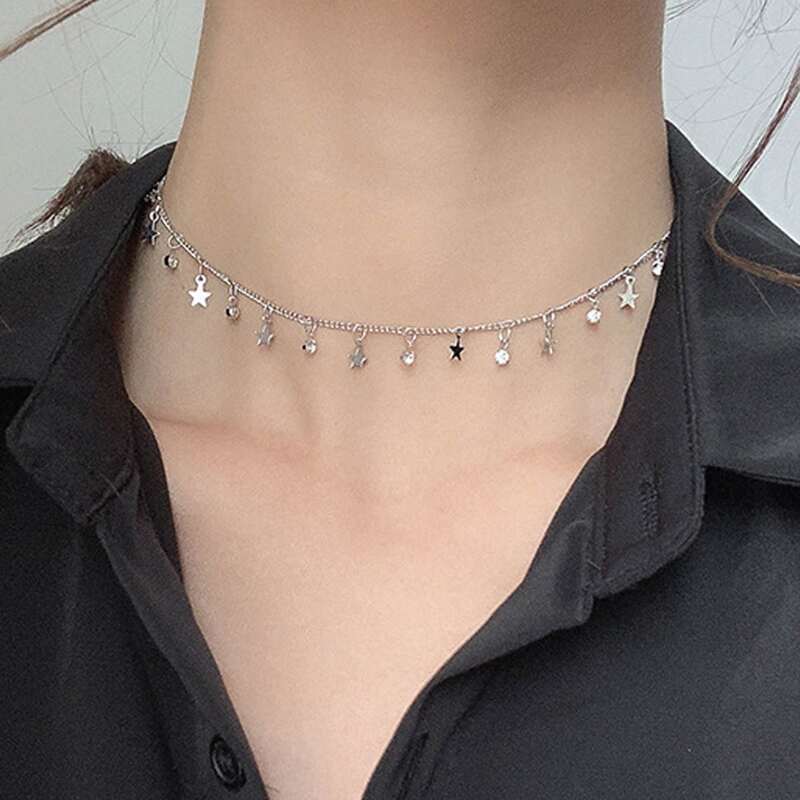 

Star & Rhinestone Tassel Chain Necklace, Silver