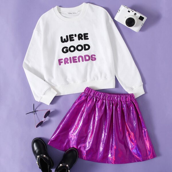 

Girls Slogan Graphic Pullover & PU Skirt Set, Multicolor