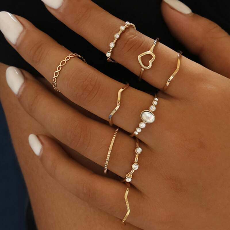 

9pcs Rhinestone & Heart Design Ring, Gold