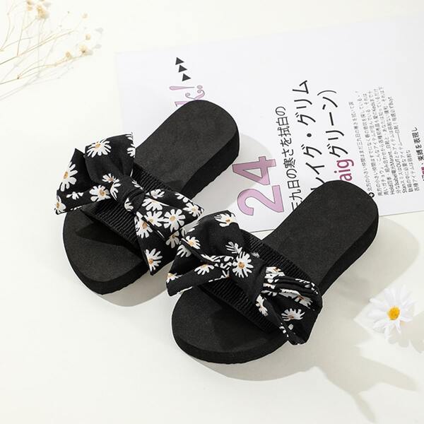 

Girls Bow Decor Floral Graphic Slides, Black