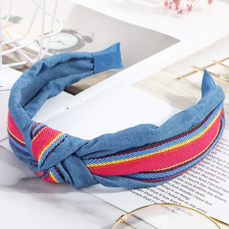 

1pc Striped Denim Headband, Blue