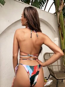 3packs Colorblock Tie Waist Bikini Set & Sheer Beach Skirt Summer Beach