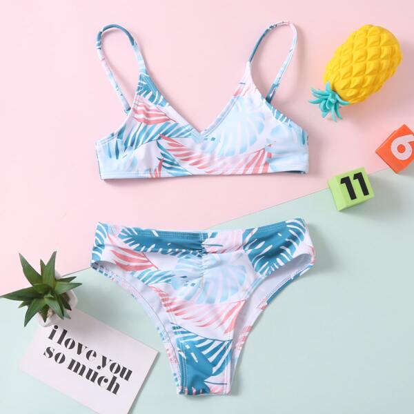 

Girls Tropical Leaf Print Bikini Swimsuit, Multicolor