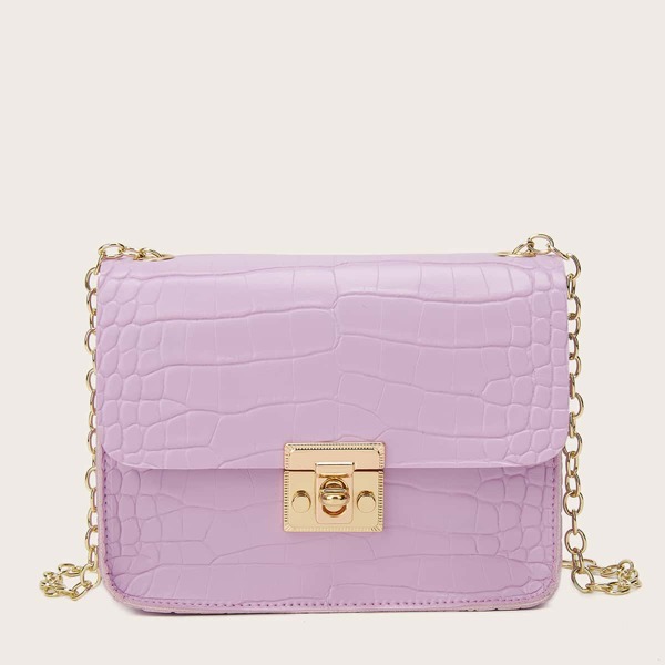 

Metal Lock Croc Embossed Chain Crossbody Bag, Purple