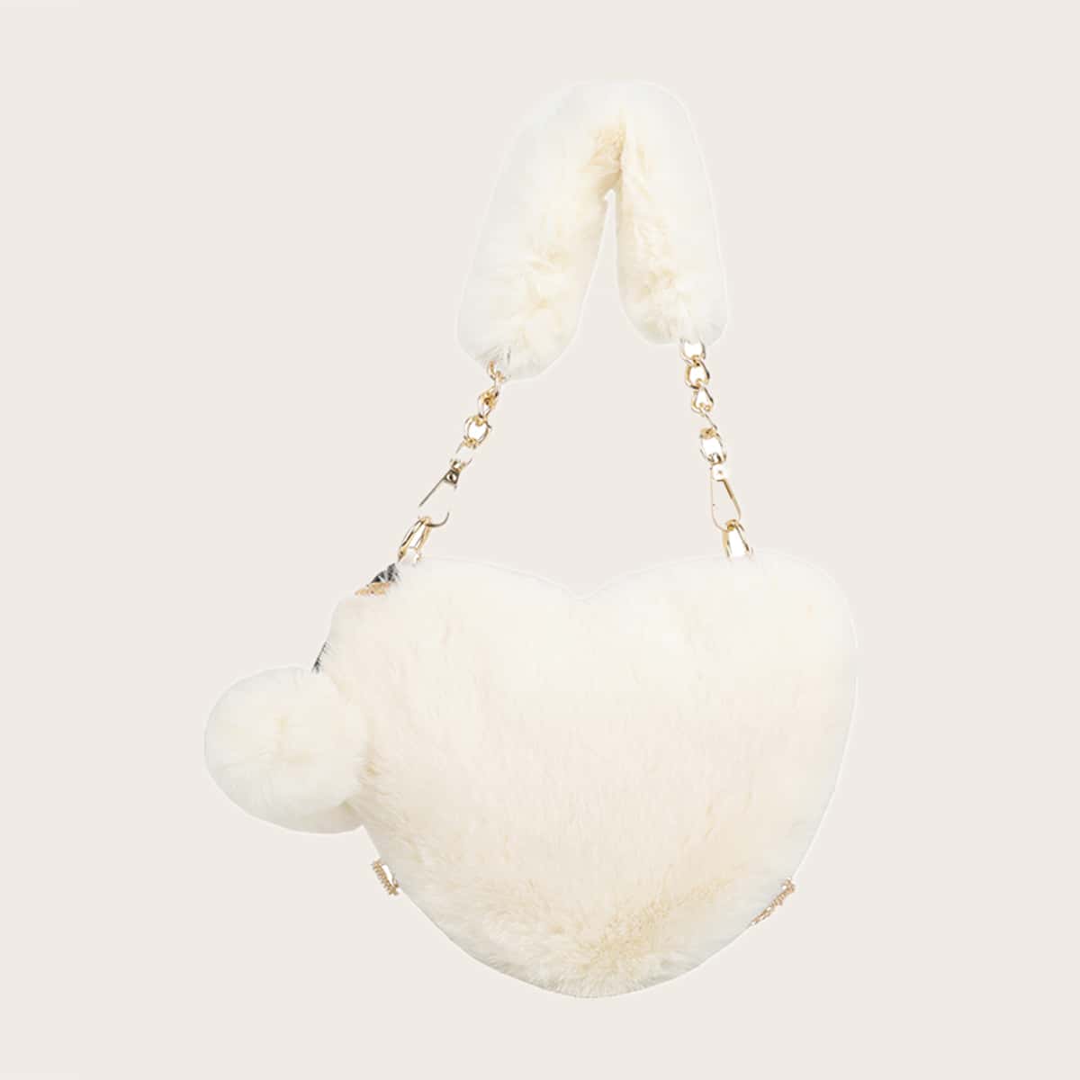 

Faux Fur Fluffy Heart Bag, Beige