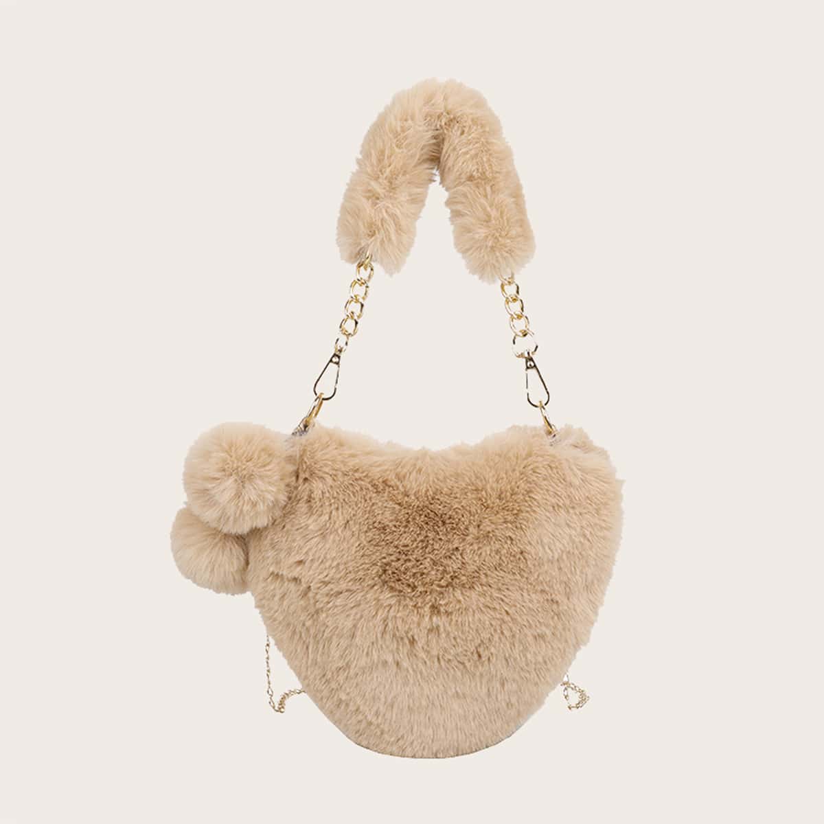 

Faux Fur Fluffy Heart Bag, Khaki