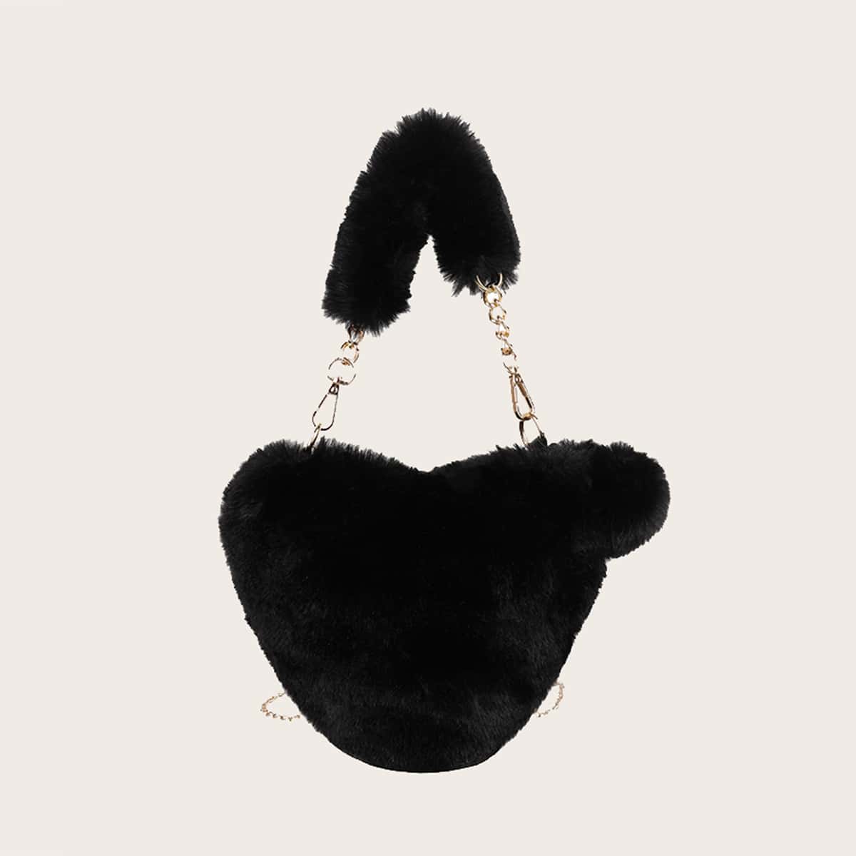 

Faux Fur Fluffy Heart Bag, Black