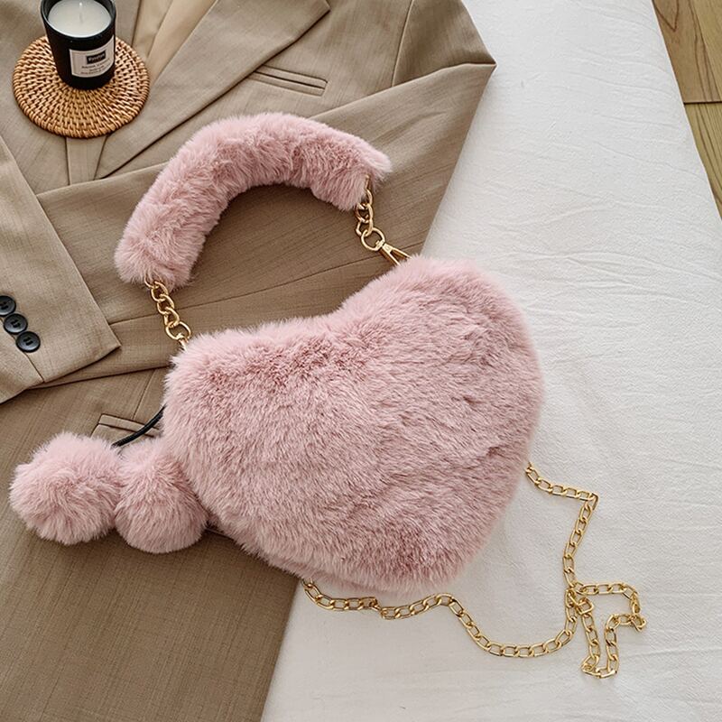 

Faux Fur Fluffy Heart Bag, Dusty pink