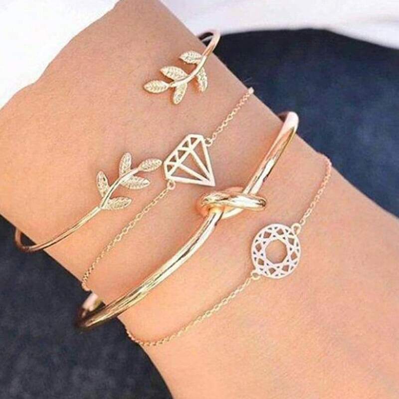 

4pcs Leaf & Diamond Design Bracelet, Gold