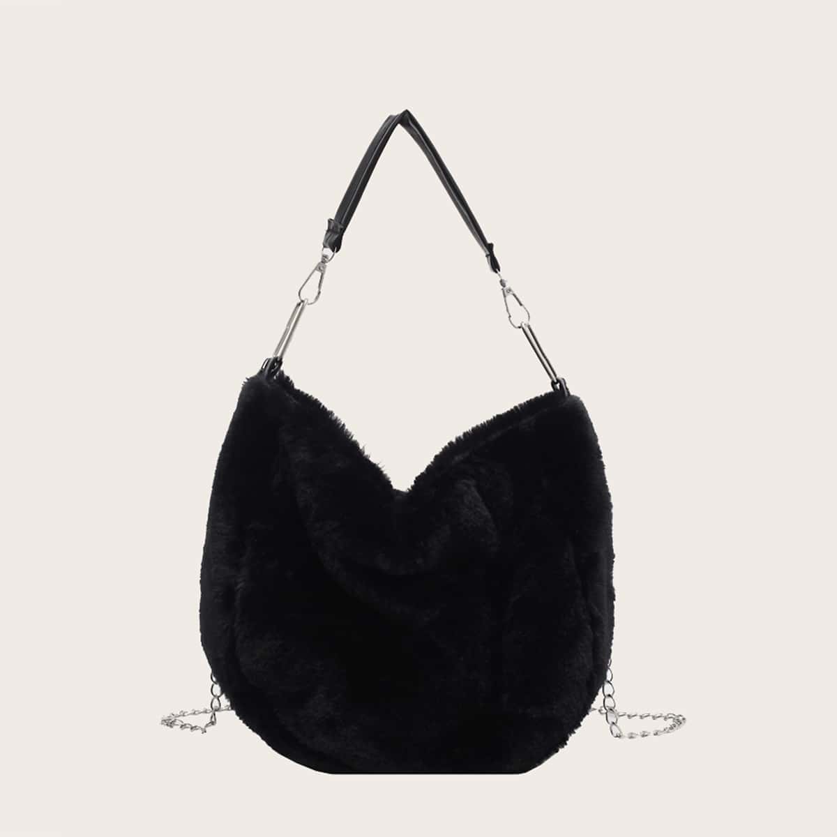 

Faux Fur Fluffy Chain Bag, Black