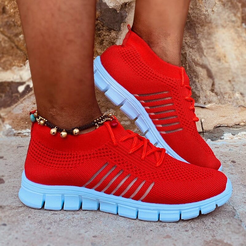 

Mesh Striped Knit Sneakers, Red