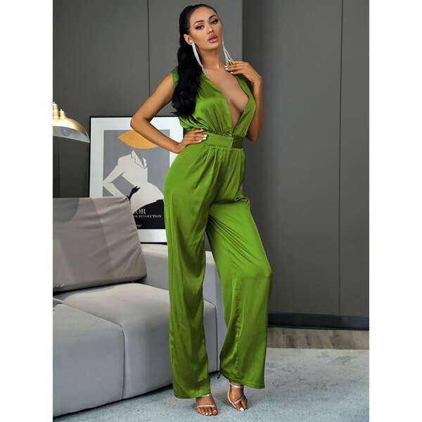 

Plunge Neck Tie Back Satin Jumpsuit, Olive green