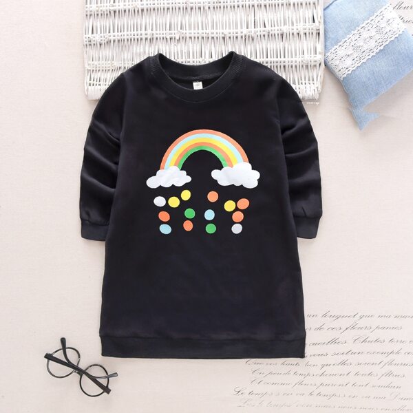 

Toddler Girls Cartoon Rainbow Print Sweatshirt Dress, Black