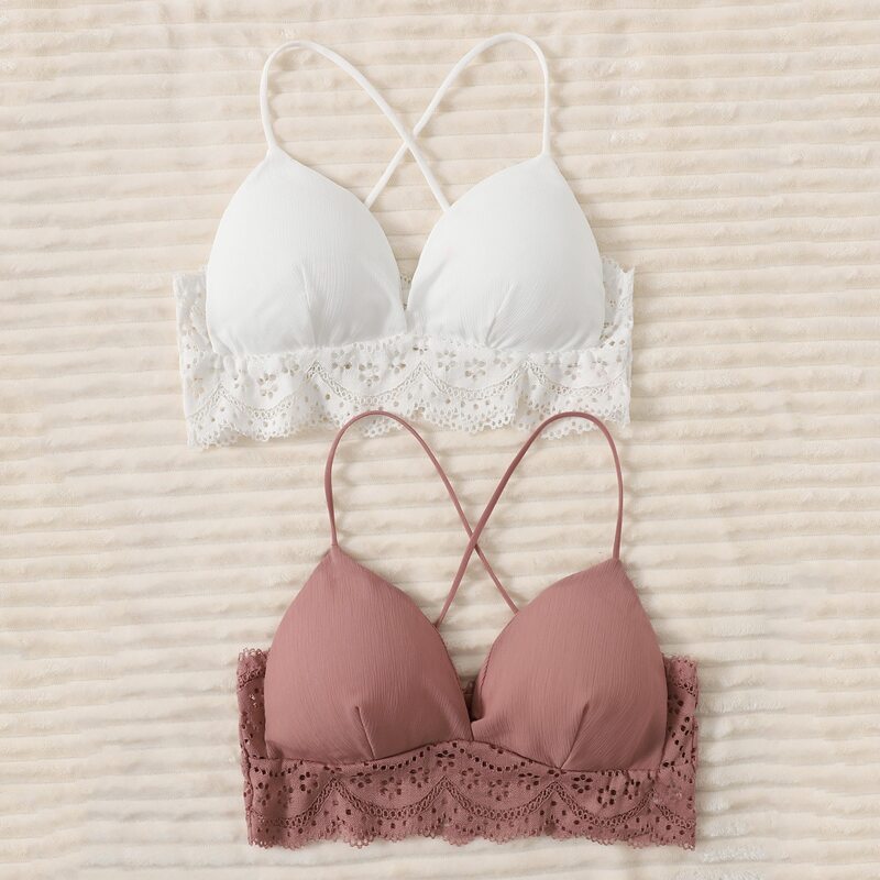 

2pack Contrast Lace Crisscross Bralette, Multicolor