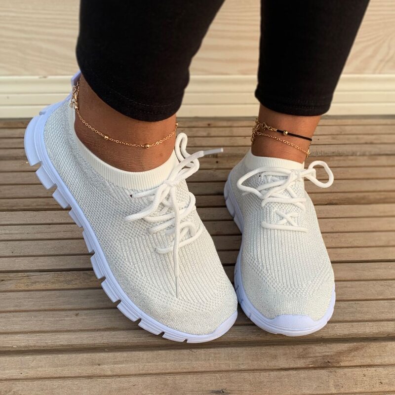

Lace-up Knit Sneakers, White