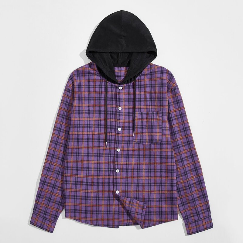

Guys Plaid Button Front Drawstring Shirt, Purple