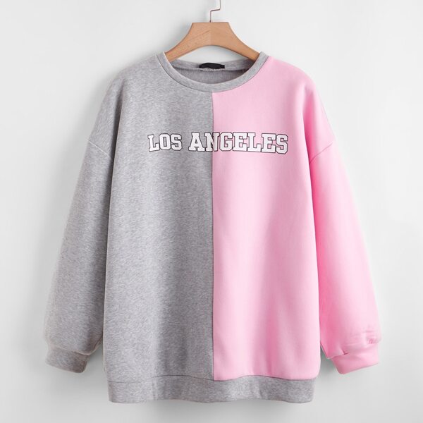 

Plus Drop Shoulder Letter Graphic Colorblock Thermal Pullover, Multicolor