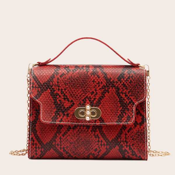 

Faux Pearl Decor Snakeskin Satchel Bag, Red