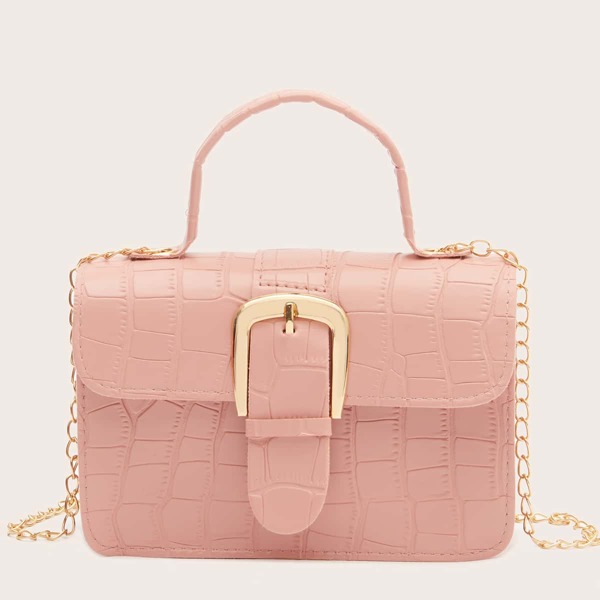 

Pin Buckle Decor Croc Embossed Satchel Bag, Pink