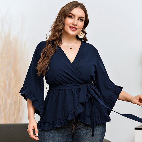 

Plus Self Tie Ruffle Trim Wrap Blouse, Navy blue