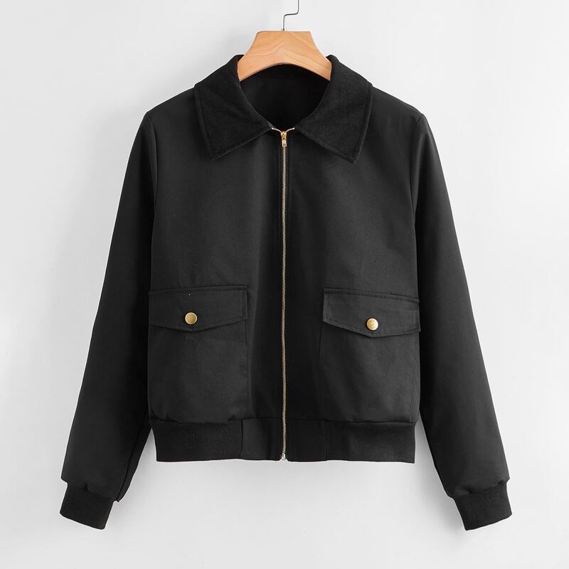 

Solid Zip Up Pocket Jacket, Black
