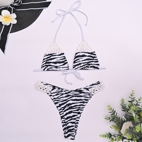 

Zebra Striped Crochet Detail Halter Bikini Swimsuit, Black and white